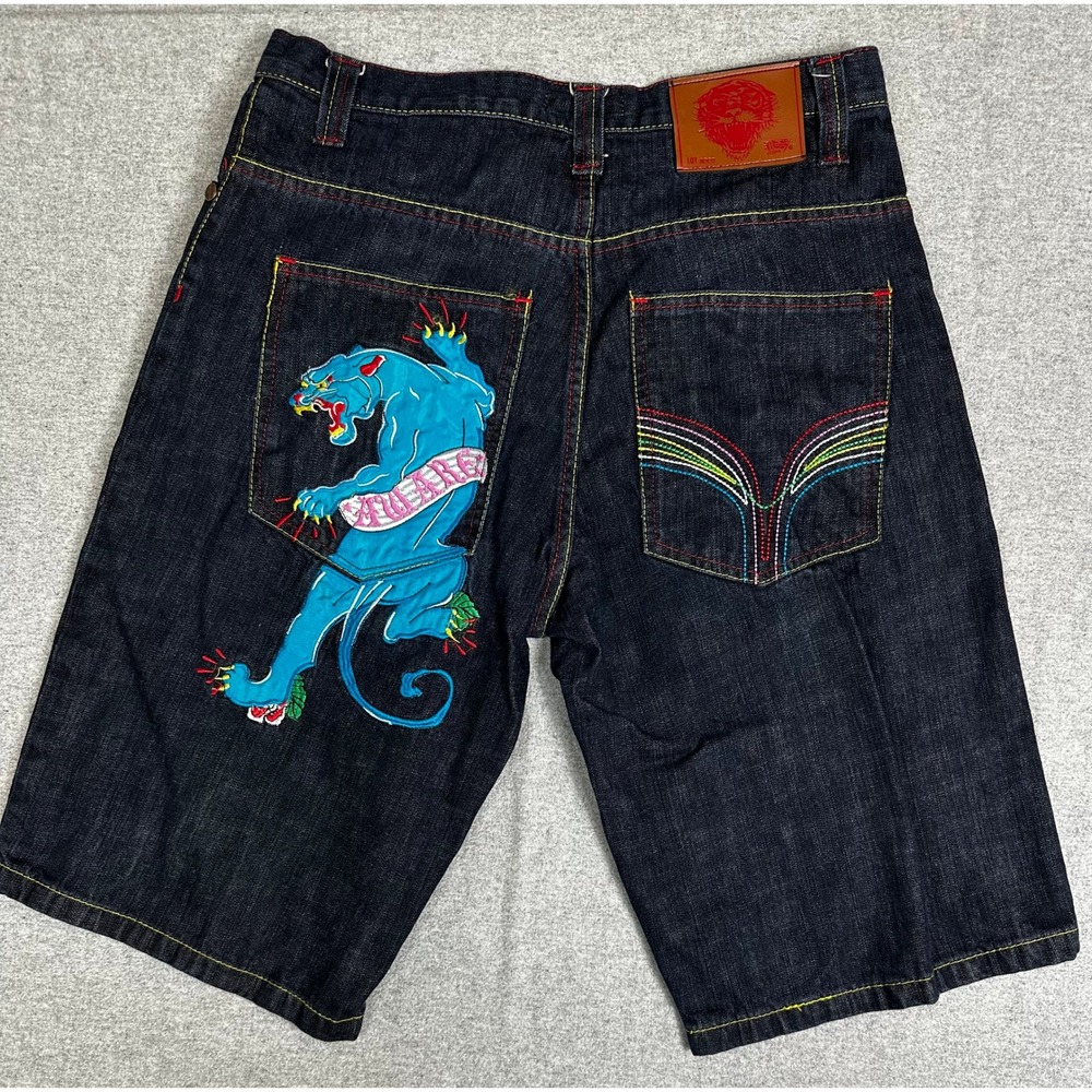 Vintage Y2K Ed Hardy Jorts Jean Shorts Mens 32x13 Blue Panther Dark Embroidered